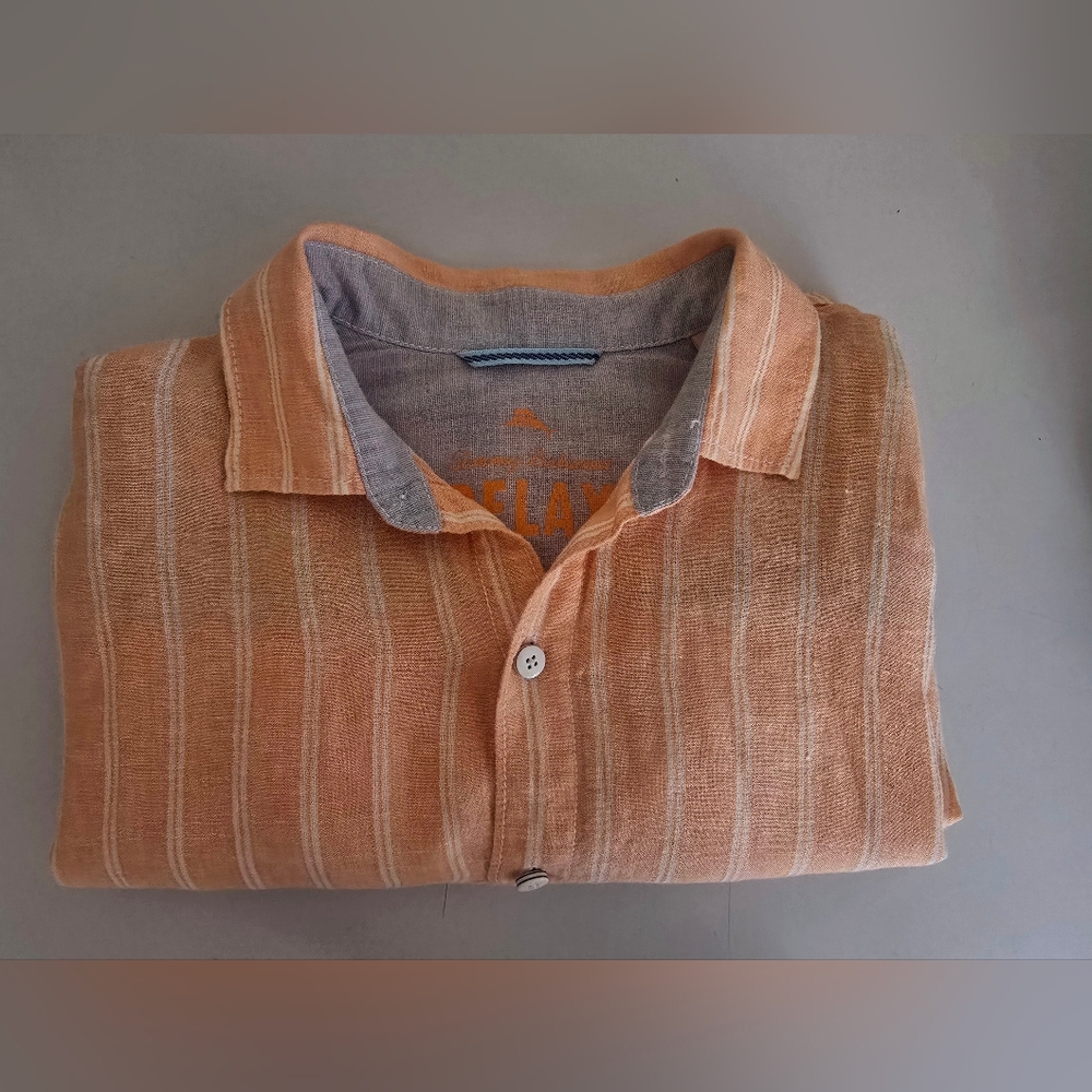 Tommy Bahama Relax Linen Shirt Men’s M Orange Peach Long Sleeve Button Striped - Picture 3 of 14